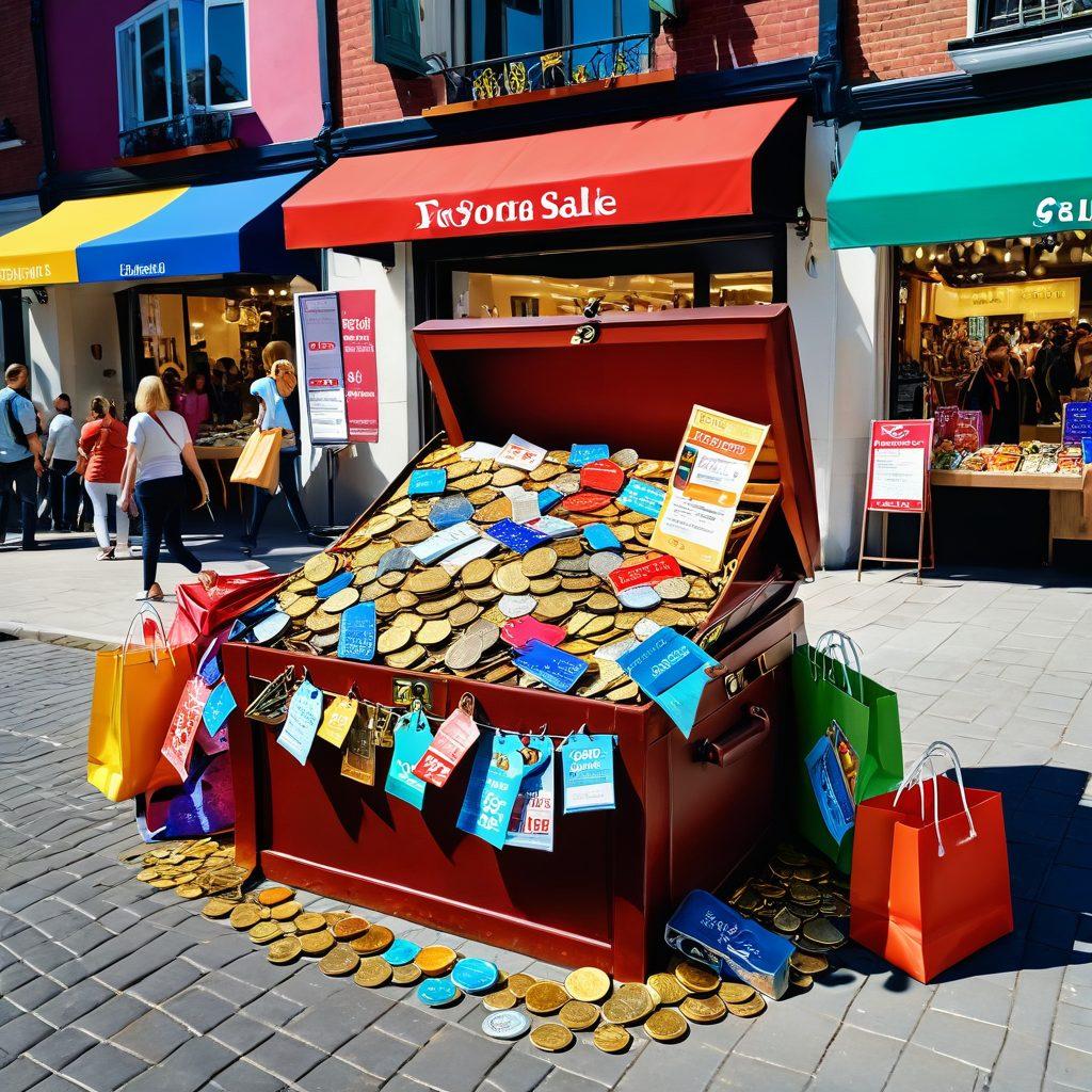 An overflowing treasure chest filled with colorful discount coupons, gold coins, and vibrant shopping bags, set against a backdrop of a sunny marketplace bustling with joyful shoppers. Emphasize a sense of excitement and discovery, highlighting key elements like a large 'SALE' sign and various products showcasing discounts. super-realistic. vibrant colors. 3D.